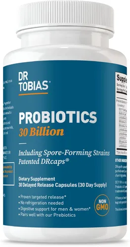 Probióticos para mujeres y hombres del Dr. Tobias: 30 mil millones de CFUs, 10 cepas, liberación retardada y cepas de formación de esporas,