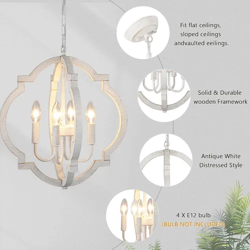 Miniatura 8 de Lámpara de araña blanca para comedor - Lámpara colgante moderna de 4 luces, luces colgantes de madera rústica para cocina, isla, sala de estar