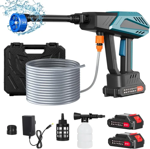 Lavadora a presión inalámbrica de 21 V, lavadora a presión portátil de 600 PSI con boquilla 6 en 1, manguera extra larga de 16.5 pies, batería de
