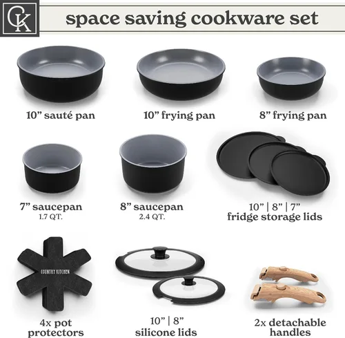Miniatura 3 de Country Kitchen Juego de utensilios de cocina con mango extraíble, juego de ollas y sartenes aptas para horno y RV, mango de madera negro/gris