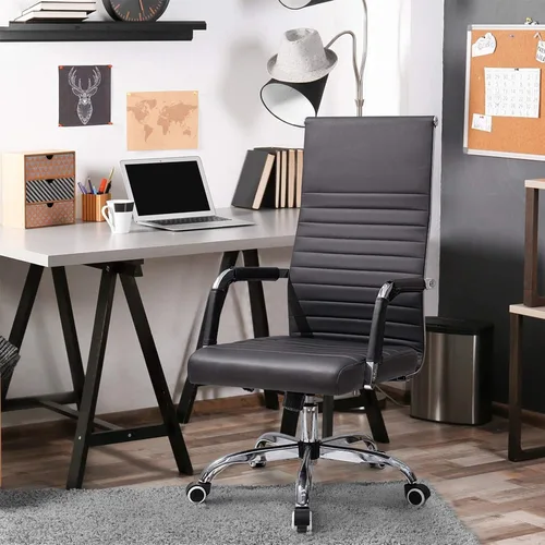 Miniatura 2 de Silla de oficina acanalada con respaldo alto, silla de escritorio de piel sintética, silla giratoria ajustable, silla de computadora con Negro