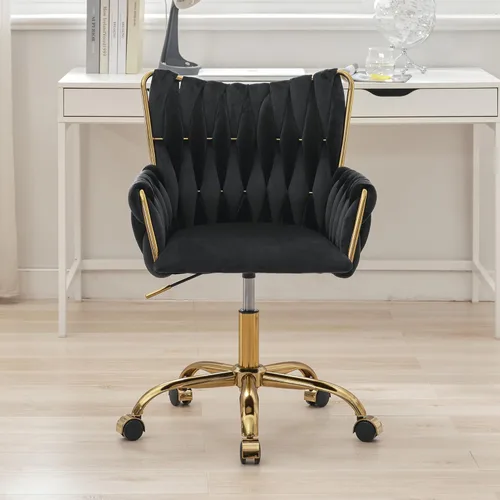 Miniatura 9 de ABET Silla de Escritorio de Terciopelo con Ruedas, Linda Silla de Oficina Giratoria Tapizada, Moderno Sillón Rodante Dorado Tejido a Mano con Altura