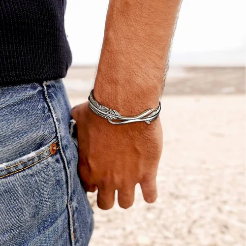 Miniatura 2 de RIOSO Juego de 3 pulseras de plata para hombres y mujeres, con diseño de alas de ángel, plumas, hojas de ángel, juego de pulseras, Sin gemas.