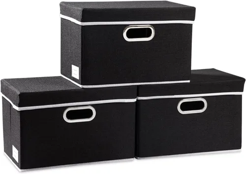 Miniatura 74 de PRANDOM Contenedor de almacenamiento plegable con tapa [1 unidad] Caja de almacenamiento decorativa de tela de lino, cesta organizadora con asas