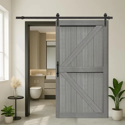 Miniatura 20 de S&Z TOPHAND® Puerta de granero doble de MDF de 18 x 84 pulgadas con kit de herrajes para puerta corredera de 6 pies, tablero sólido de puerta