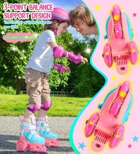 Miniatura 5 de Patines de ruedas ajustables para niños, niñas y señoras con ruedas que se iluminan con flash (edad 3-9), equilibrio de tres puntos, empaque de caja