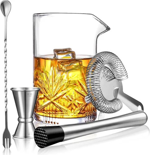 Vaso mezclador de cóctel, kit de barman de cristal de 18 onzas, 5 piezas de vidrio mezclador de barra con colador, mezclador, cuchara, jigger,