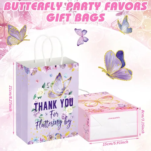 Miniatura 2 de Outus 24 piezas de bolsas de regalo de fiesta de mariposa, bolsas de golosinas de mariposa, bolsas de papel para regalos con mango, morado, azul