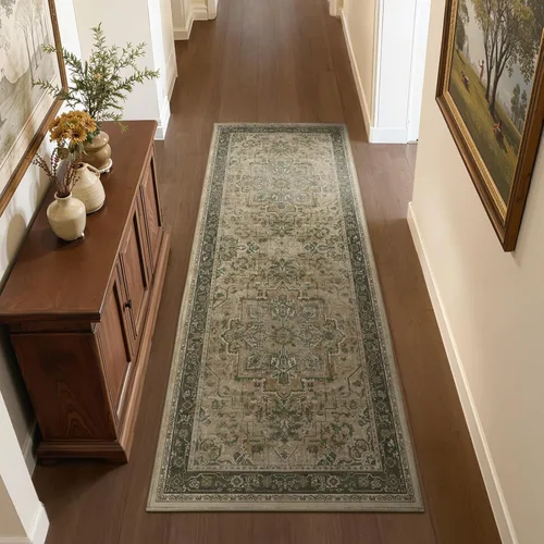 Miniatura 73 de Alfombra de pasillo profundo azul 2x8, alfombra de pasillo lavable antideslizante para entrada interior, alfombra de medallón vintage de 0.27
