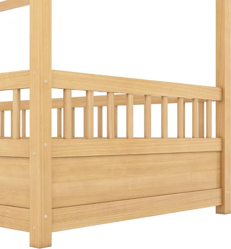 Miniatura 8 de Bellemave Cama individual para niños con marco de techo de casa y valla de seguridad, cama Montessori de madera, cama de perfil bajo para niños