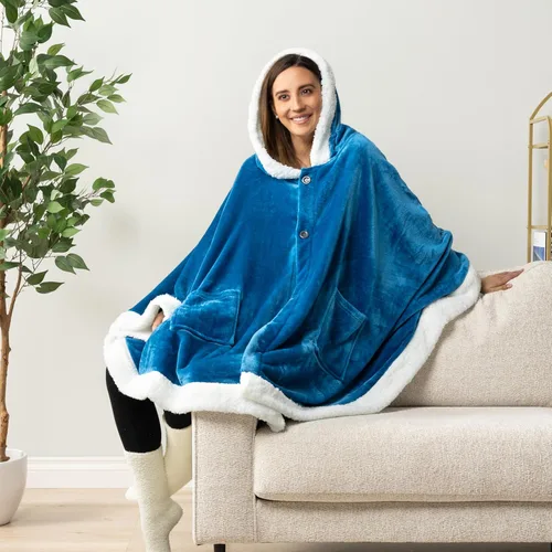 Miniatura 8 de PAVILIA Hooded Blanket Poncho for Women, Sherpa Shawl Wrap with Hood, Cozy Warm Wearable Throw with Pockets, Gift for Mom Azul marino