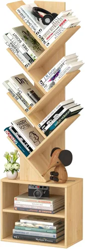 Miniatura 9 de SHEEPAM - Estantería pequeña con cajón, estantería de 4 niveles en forma de árbol en color negro, estantería de escritorio de madera, estanterías