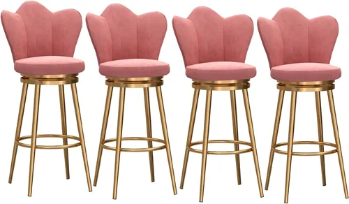Miniatura 9 de Juego de 4 taburetes giratorios de terciopelo rosa, modernos taburetes tapizados de altura de mostrador con respaldo para isla de cocina, sillas