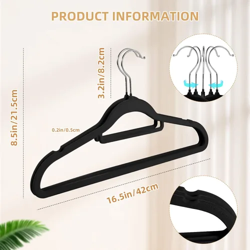 Miniatura 2 de Perchas negras antideslizantes de terciopelo – Perchas resistentes para trajes que ahorran espacio con gancho giratorio de 360° – Paquete de 20 Negro