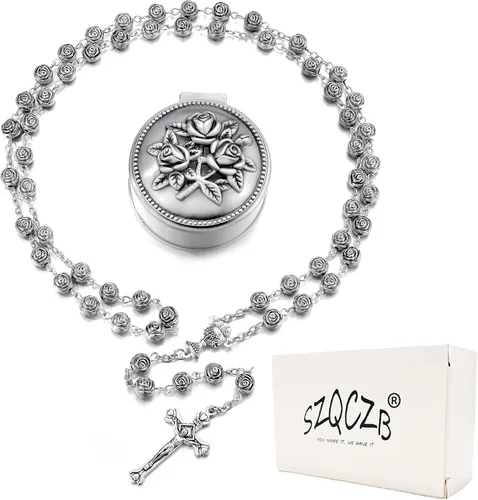 Miniatura 2 de SZQCZB Collar católico con cuentas de rosario, regalos de primera comunión católica, con lujosa caja de metal, Plástico, No es una piedra preciosa