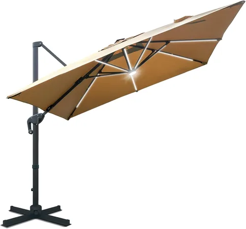 Miniatura 8 de Sunnyglade Sombrilla de patio voladiza LED de 10 x 10 pies con energía solar, sombrilla cuadrada de lujo con rotación de 360° y sistema de Azul