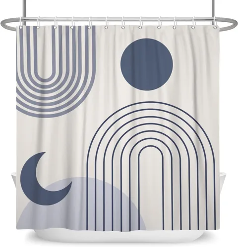 Cortina de ducha moderna y bohemia, cortinas de ducha minimalistas estéticas azules de mediados de siglo para baño, cortinas de baño impermeables