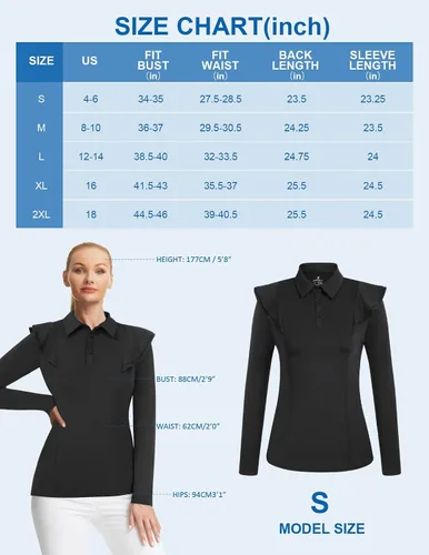Miniatura 6 de JACK SMITH Polo de golf de manga larga para mujer, con volantes, absorbe la humedad, camisas atléticas de tenis con botones