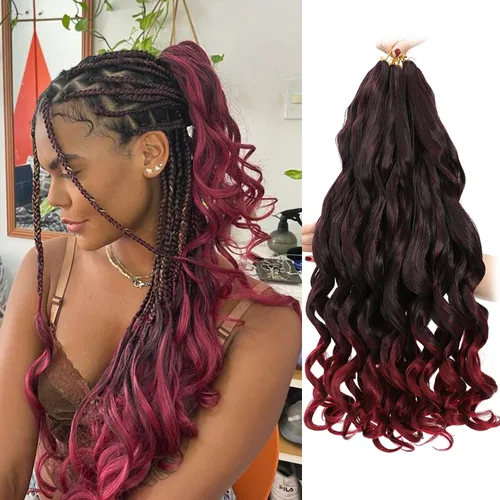 Miniatura 17 de Cabello Rizado Francés para Trenzar de 18 Pulgadas, 8 Paquetes Color Borgoña - Cabello para Trenzar Pre-Estirado con Rebote - Extensiones de Cabello