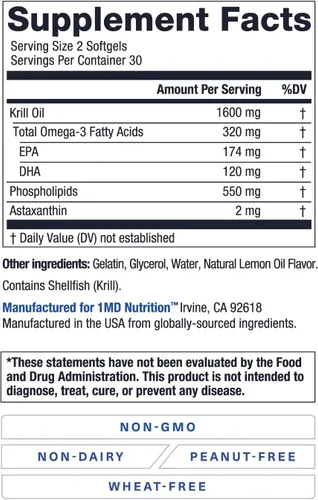 Miniatura 8 de 1MD Nutrition KrillMD - Suplemento omega 3 de aceite de krill antártico con astaxantina, EPA, DHA 2 veces más eficaz que el aceite de pescado 60