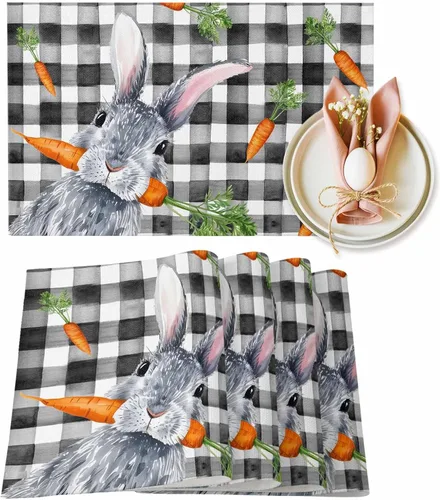 Miniatura 11 de Easter Placemats Funny Rabbit Carrots Place Mats for Dining Room Dinner Table Leaves Retro Washable Table Mats Spring Easter Day Kitchen Decorations