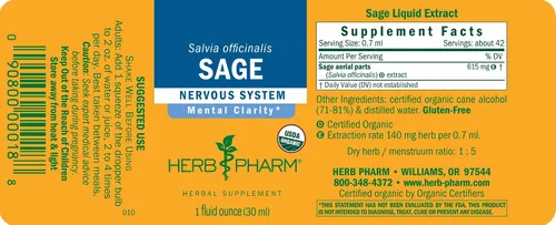Miniatura 7 de Herb Pharm Extracto de hierbas líquido de salvia: para apoyo de claridad mental y salud cerebral Certificado orgánico, sin gluten, vegano, sin
