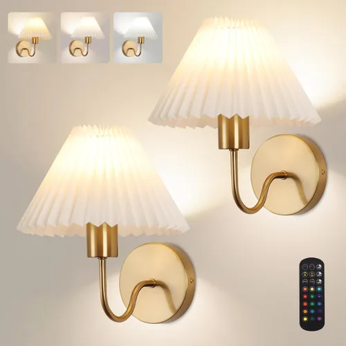Miniatura 9 de Juego de 2 apliques de pared inalámbricos, pantallas plisadas recargables que funcionan con batería, luces de pared retro de cuello de ganso Dorado