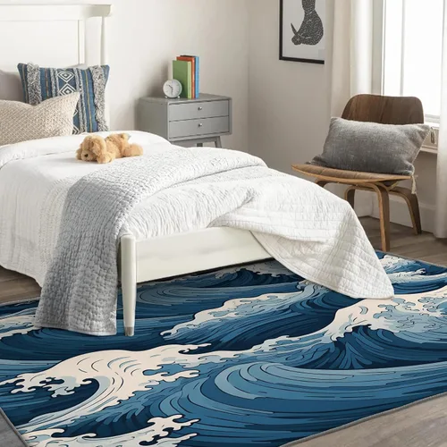 Miniatura 2 de Alfombra japonesa ondulada y decoración del hogar, alfombra de 4 x 5 pies, alfombras azules con ondas oceánicas para sala de estar, dormitorio, Onda
