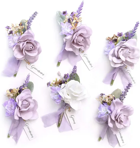 Miniatura 36 de Ling's Moment Boutonniere para Hombres Boda, Juego de 6, Novio y Padrinos Boutonniere para Boda Regreso a Casa Halloween Ceremonia Aniversario, Cena