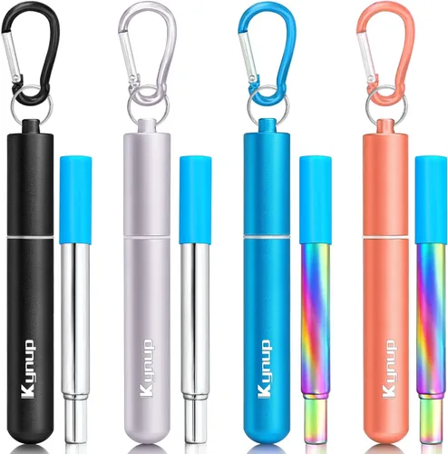 Kynup Pajitas de metal reutilizables (paquete de 4), popotes plegables de viaje con estuches, esenciales para cruceros, imprescindibles para