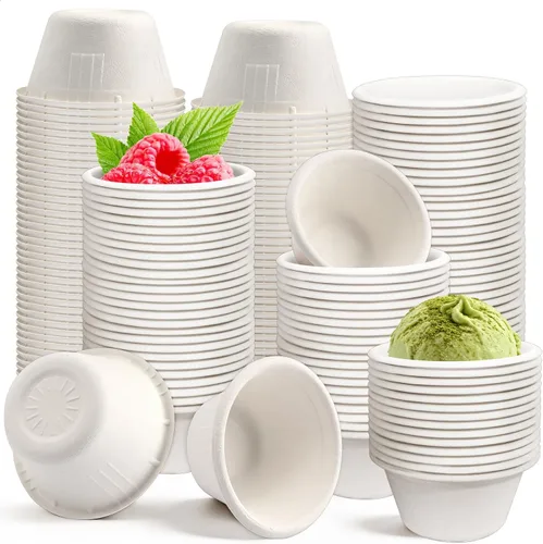 Miniatura 9 de 200 cuencos de papel biodegradables naturales de caña de azúcar de 4 onzas, cuencos de papel compostables para ensalada, sopa caliente, pasta
