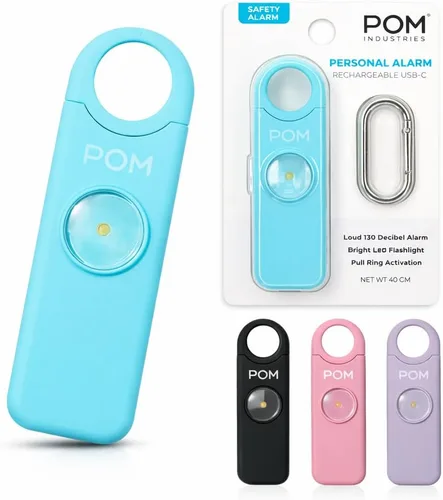 POM Alarma de seguridad personal para mujer – Sirena de emergencia de 130 dB, recargable por USB-C con linterna LED brillante, diseño de llavero