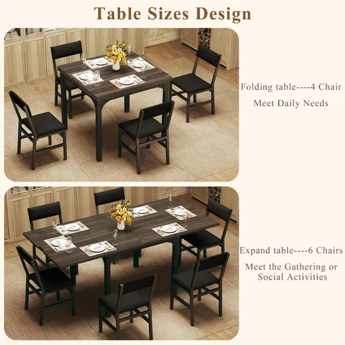 Miniatura 3 de Juego de mesa de comedor de 7 piezas para 4-6, sillas extensibles para mesa de cocina, juego de 6 con 6 sillas, mesa de comedor rectangular