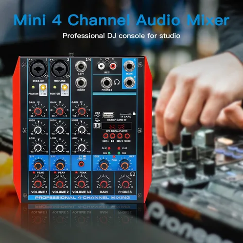 Miniatura 9 de Mezclador de audio de 4 canales, mini consola portátil de placa de sonido con interfaz de audio USB de 48 V Phantom Power Bluetooth USB MP3 DJ Mixer