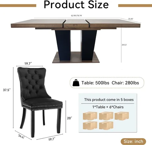 Miniatura 4 de Henf Juego de mesa de comedor extensible de 78 pulgadas para 6 mesas rectangulares de madera de 7 piezas con 6 sillas tapizadas de terciopelo, mesa