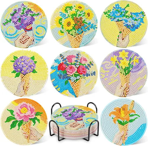 Miniatura 14 de DOTZSO Juego de 8 posavasos de arte de diamante con soporte, kits de arte de diamantes para adultos principiantes, pequeños posavasos de pintura