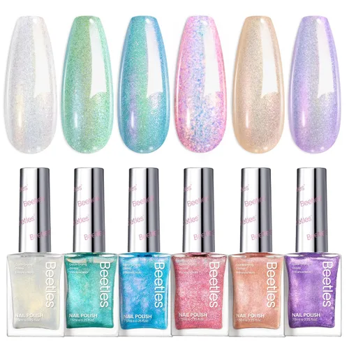 Beetles Juego de esmaltes de uñas con brillantina, 6 colores de perlas pastel de ensueño, kit de esmalte de uñas de secado rápido, brillo de larga