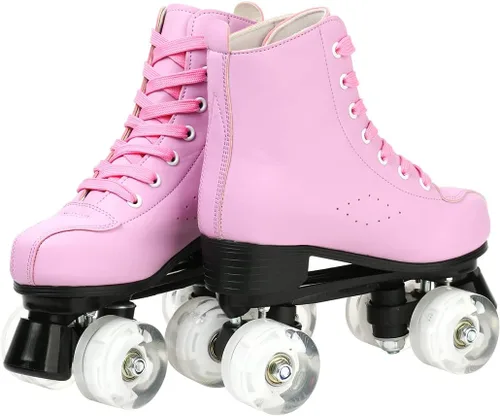 Miniatura 7 de Gets Patines altos para mujer, piel sintética, cuatro ruedas, doble fila, brillante, para interiores y exteriores rosado (Pink Flash)