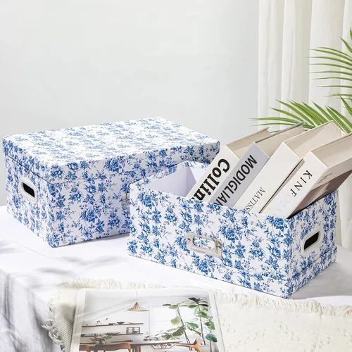 Miniatura 3 de Briful Juego de 2 cajas de almacenamiento de porcelana azul y blanca con tapas, elegantes cubos organizadores de anidación floral, juego de cajas