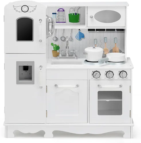 GLACER Juego de cocina para niños con teléfono, juguetes Montessori de madera con luz y sonido, microondas, máquina de hielo, horno, fregadero y
