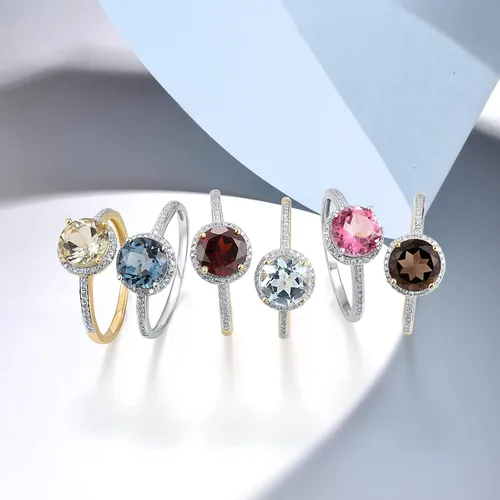 Miniatura 3 de Santuzza Anillo de oro macizo de 10 quilates con piedras preciosas solitarias para mujer
