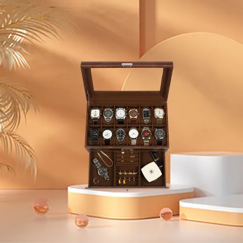 Miniatura 2 de GUKA Caja de reloj, caja de reloj con 12 ranuras, fundas de reloj para hombres con tapa de cristal real, organizador de reloj de cuero sintético