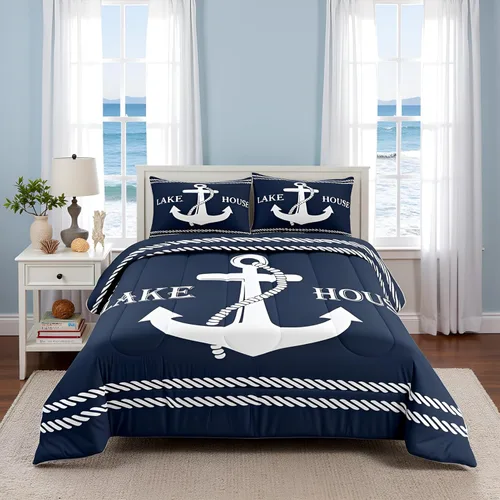 Juego de edredón Lake Home Camper tamaño King, juego de ropa de cama náutica con ancla para niños, niñas, niños, adultos, decoración de dormitorio,