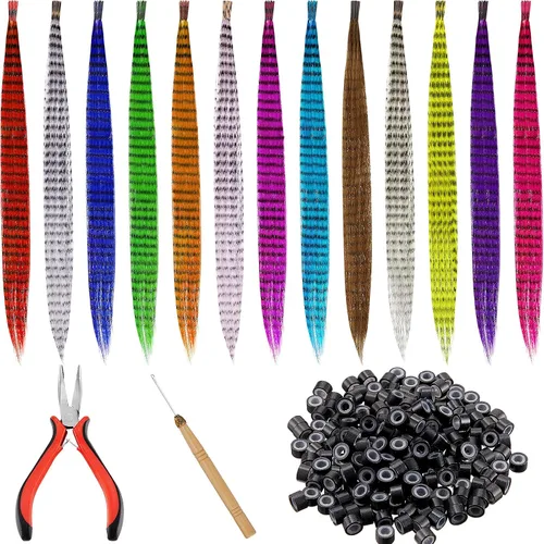 Xinnun Kit de extensión de 52 plumas de cabello de colores para mujer, 13 colores, largo, lacio, sintético, plumas, 200 anillos con forro de