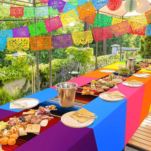 Miniatura 7 de Preboun Mantel de plástico mexicano y pancarta de papel picado mexicano, suministros de decoración de fiesta, cubierta de mesa para mesas Colorido