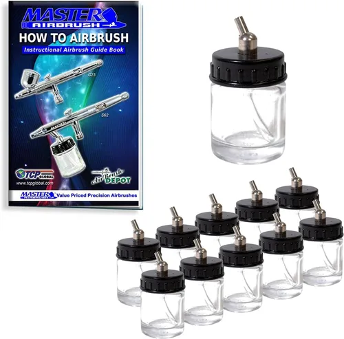 Miniatura 12 de Master Airbrush (Paquete de 10) TB-010 Botellas de vidrio vacías de 2.7 onzas (80cc) con ensamblaje de tapa adaptadora de ángulo descendente de 30°