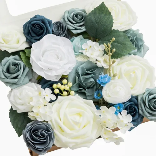 Miniatura 41 de Ling's moment Caja de Flores Falsas, Tallos de Vegetación Artificial Falsa Rosas de Espuma Dalias de Seda Hojas de Rosa Flor de Tela para Centros