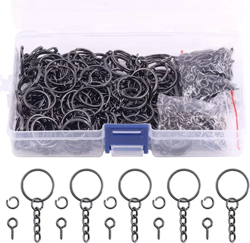 Miniatura 10 de Swpeet Juego de 450 llaveros de 3/5 de pulgada y 0.591 in color negro pistola, incluye 150 llaveros con cadena y 150 anillos de salto con 150 pines