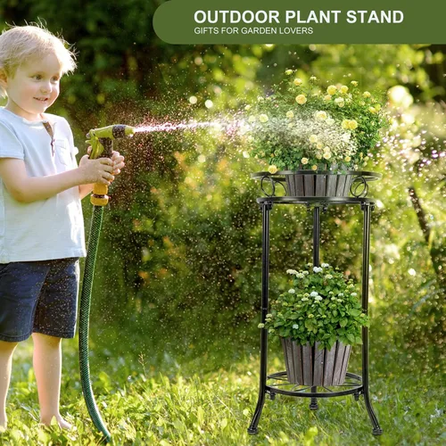 Miniatura 3 de Soporte de Plantas de Interior de 2 Niveles, Soportes de Plantas de Metal Altos para Exterior de 20.3 Pulgadas Negros, Soporte de Esquina Individual