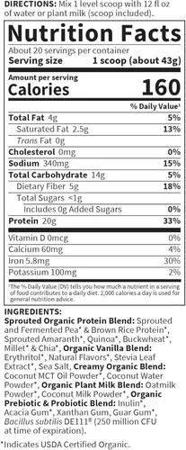 Miniatura 6 de Garden of Life Proteína vegetal cremosa + leche de avena en polvo + proteína vegana sabor vainilla en polvo – a base de plantas, prebióticos